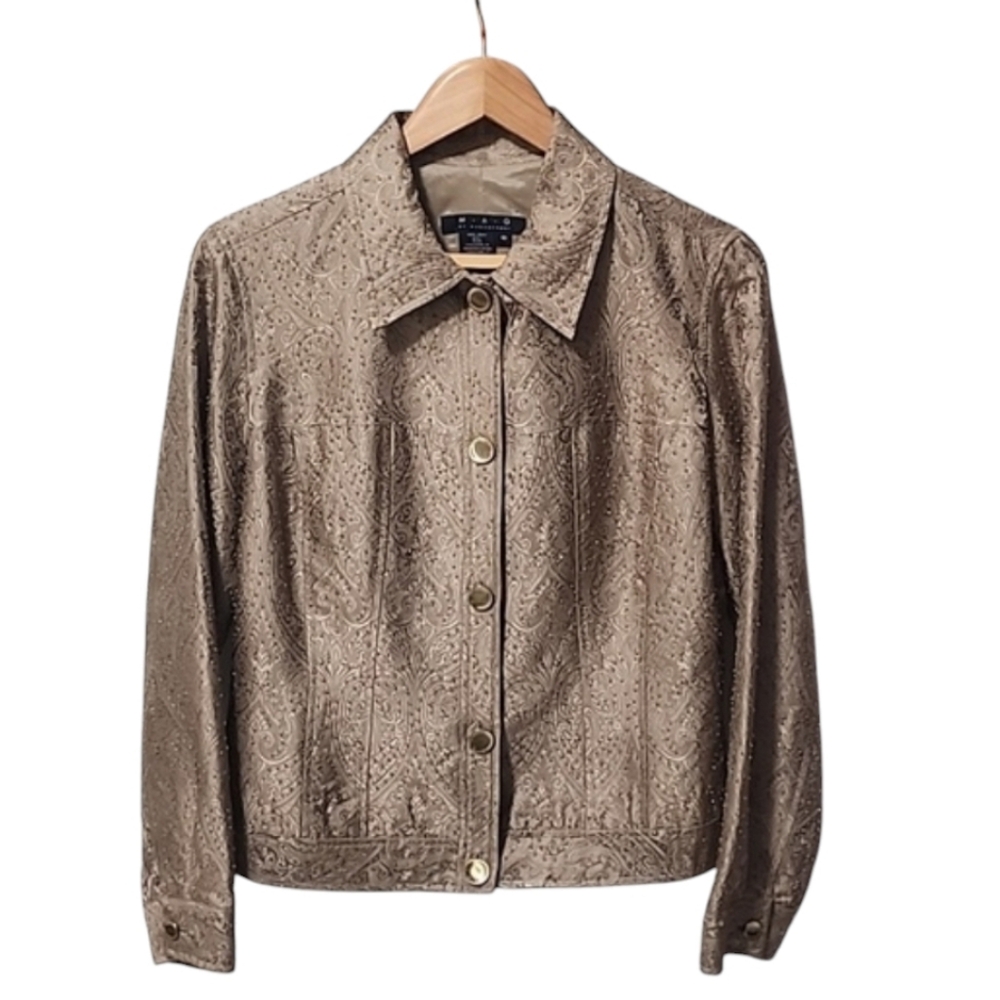 MAGASCHONI Hand Beaded Silk Jacket 10 L Iridescent Floral Gold Wearable Art - Picture 4 of 16